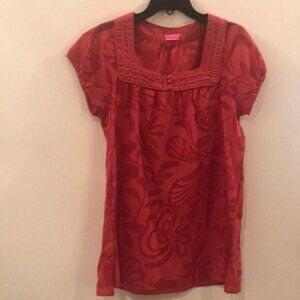 🌸 Vintage BCBGirls Red Floral Short-Sleeve Square Neck Tunic Top